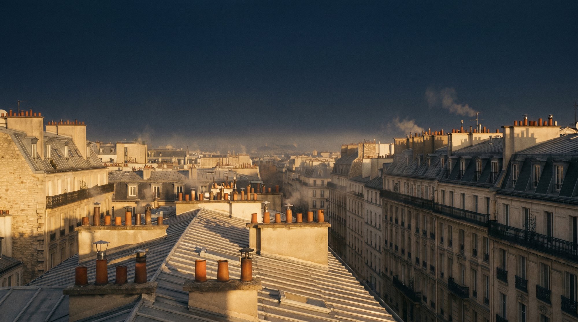 Parisian rooftops at golden-hour twilight