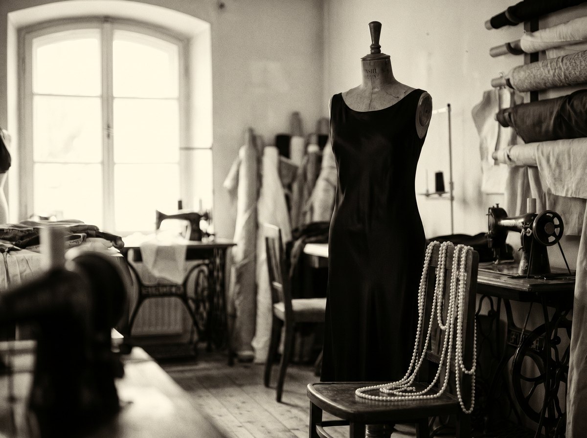 A little black dress and pearls in a 1920s Parisian atelier, black and white