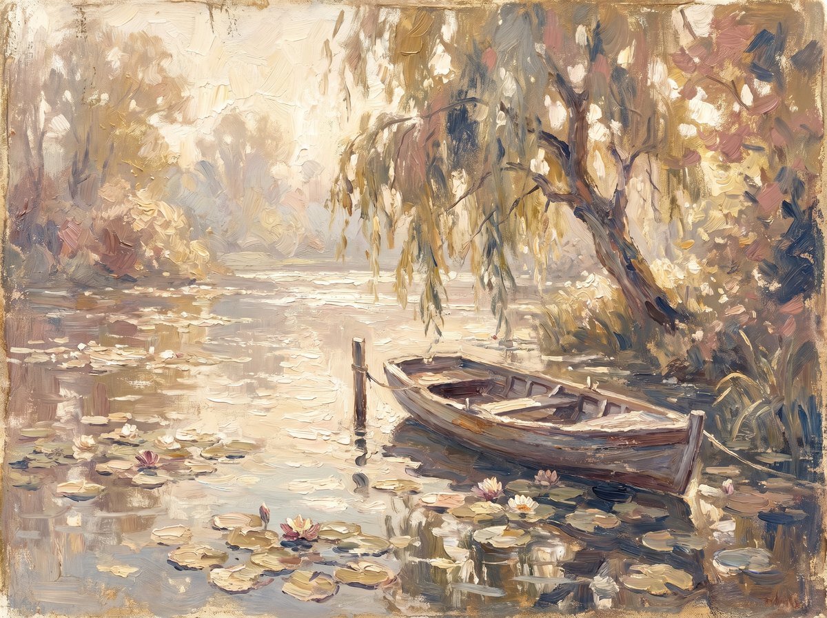 An Impressionist painting of a sunlit French garden by the Seine