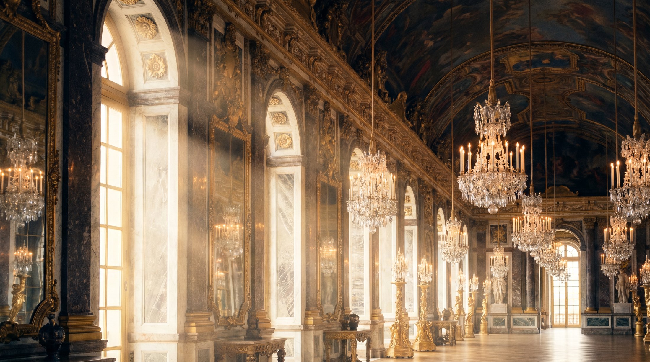 The Hall of Mirrors at Versailles bathed in golden-hour light