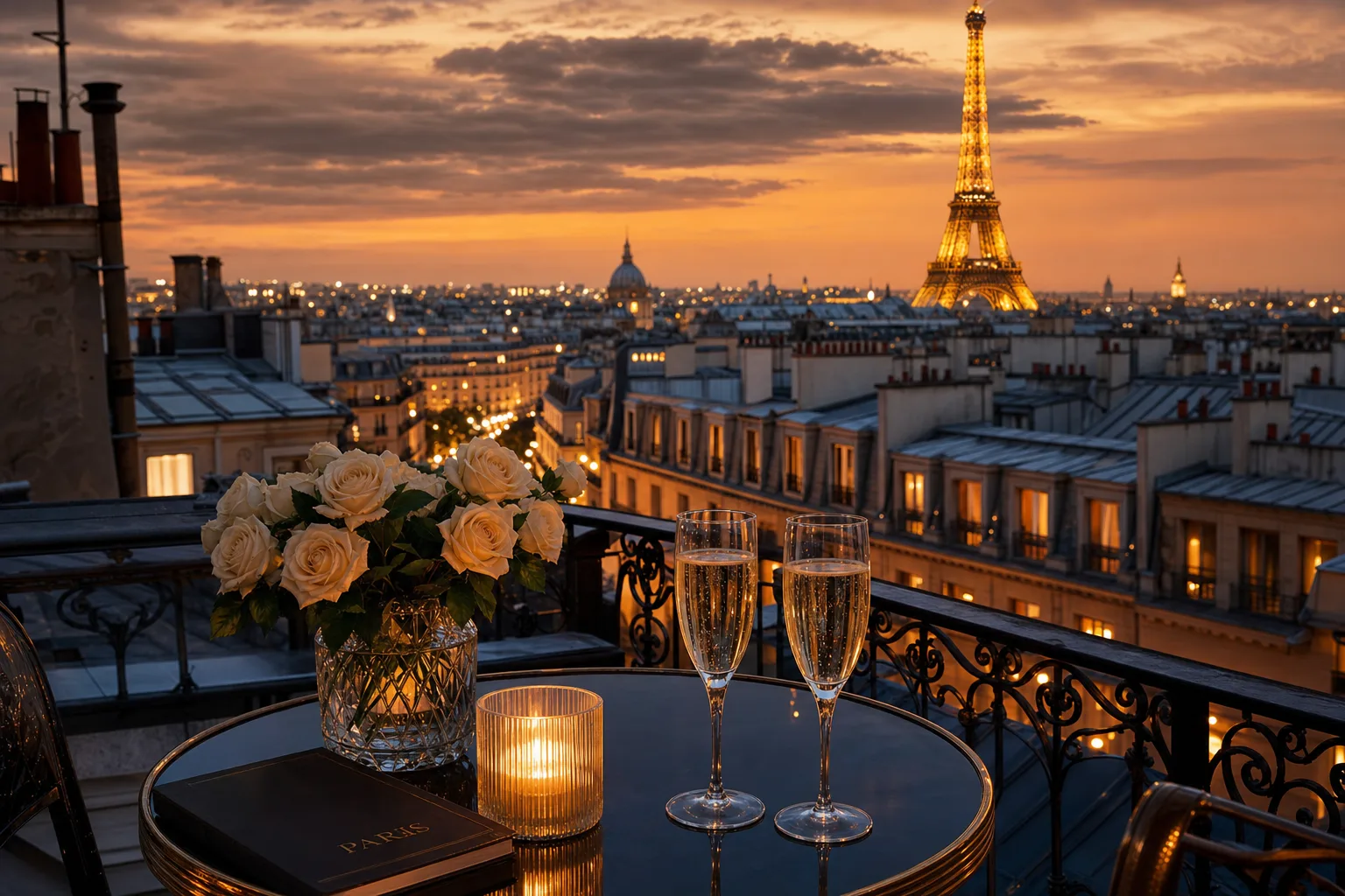 A Parisian rooftop at golden hour — begin your French journey